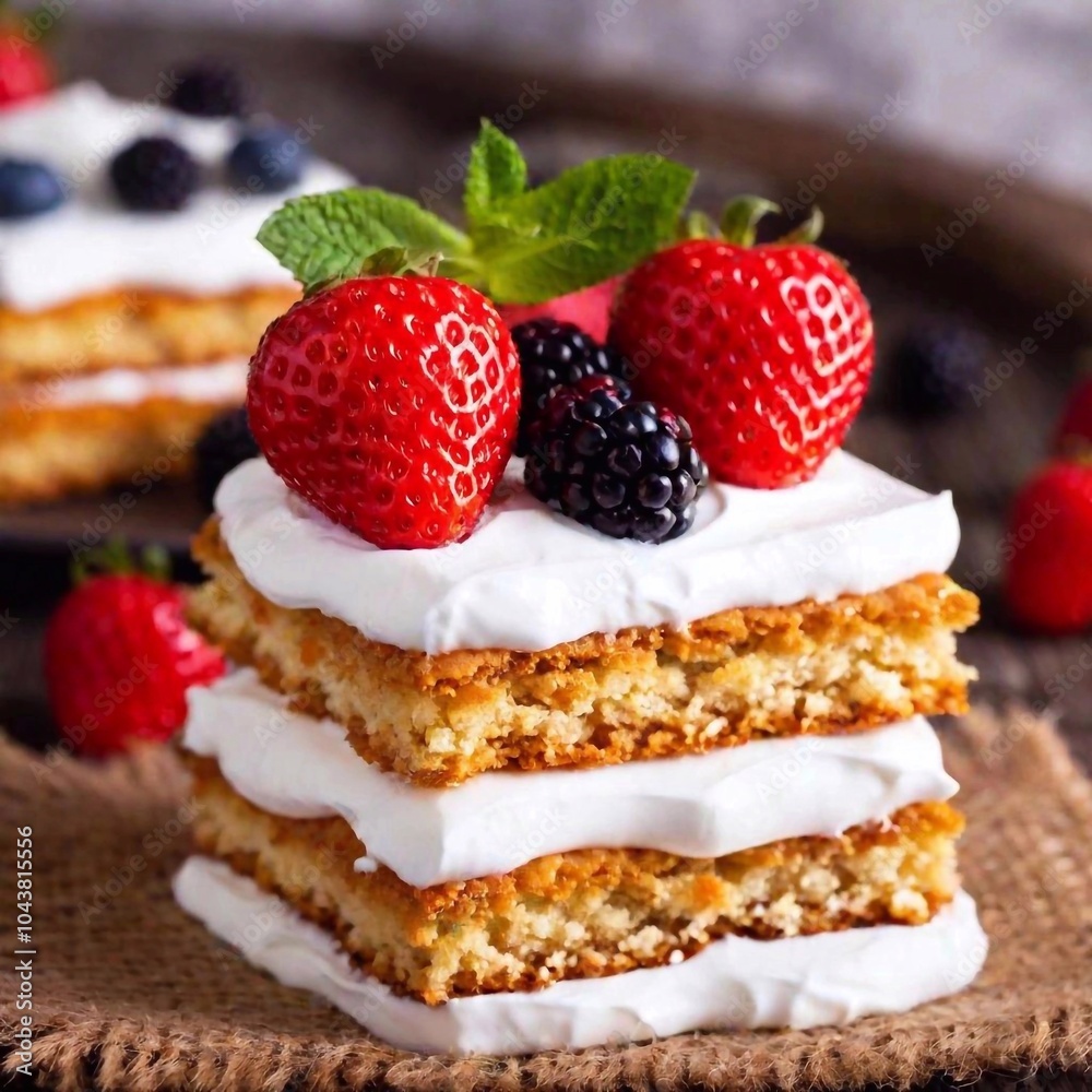 A close-up from above of a layered strawberry shortcake with fresh berries and whipped cream, with the cake in sharp focus and the background softly blurred, highlighting the dessert's freshness and A close-up from above of a layered strawberry shortcake with fresh berries and whipped cream, with the cake in sharp focus and the background softly blurred, highlighting the dessert's freshness and