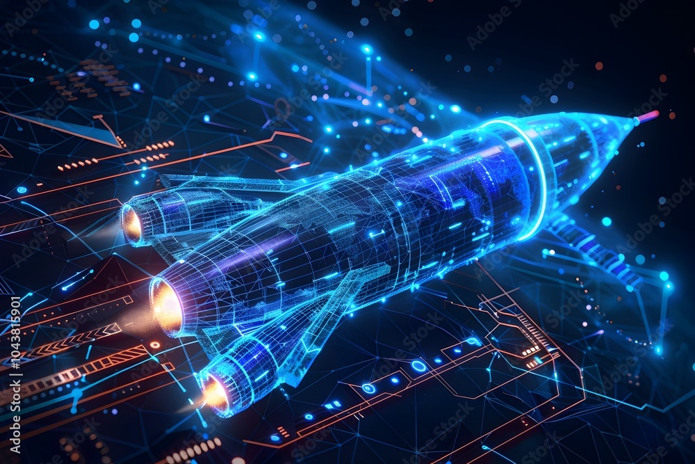 Fototapeta premium Futuristic Blueprint Rocket Technology Background with Mesh Lines and Neon Blue Color