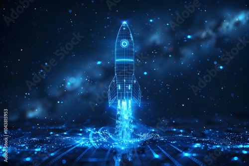 Futuristic Blueprint Rocket Launching into Luminous Technological Landscape