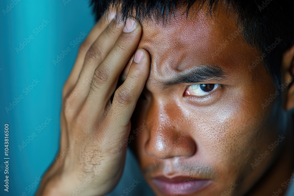 Eye Discomfort. Asian Man in Casual Attire Feeling Ache in Blue Background Eye Discomfort. Asian Man in Casual Attire Feeling Ache in Blue Background