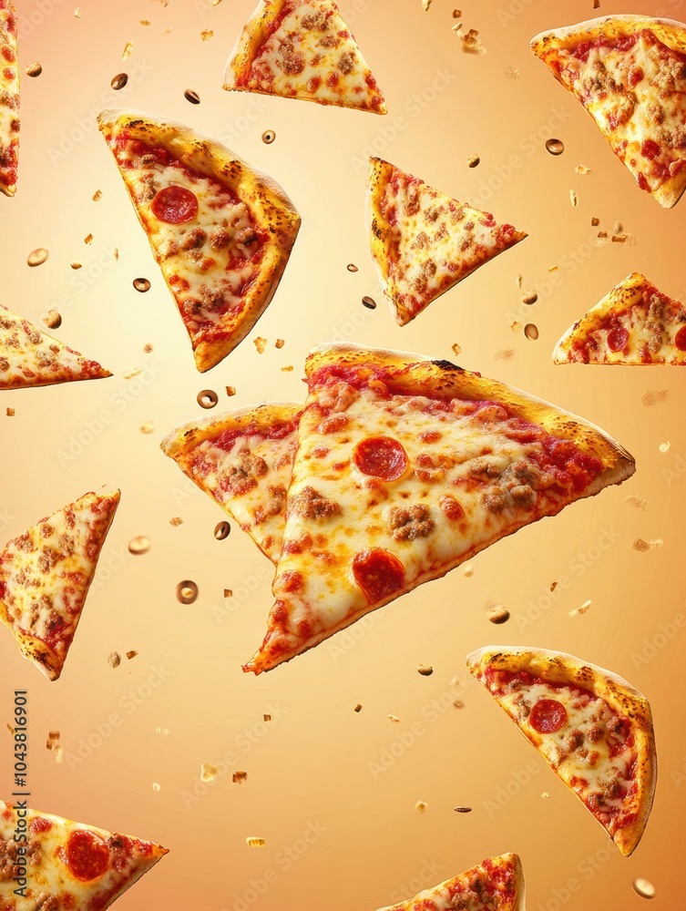 Flying slices of pepperoni pizza create a lively and engaging background, showcasing a passion for food and fun in every bite. Generative AI Flying slices of pepperoni pizza create a lively and engaging background, showcasing a passion for food and fun in every bite. Generative AI