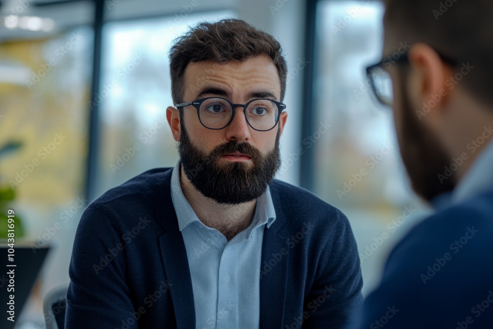 Obraz premium A thoughtful man engages in a serious conversation. His expression shows focus and clarity. This image captures the essence of professional dialogue. Generative AI