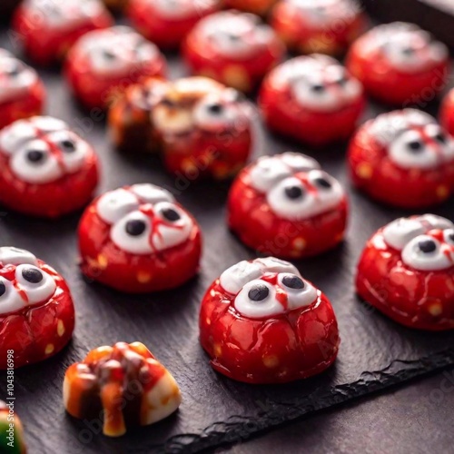A high-angle macro shot of a Halloween candy display, focusing on a single piece of brain look-alike candy with shallow focus to create a creepy, detailed image