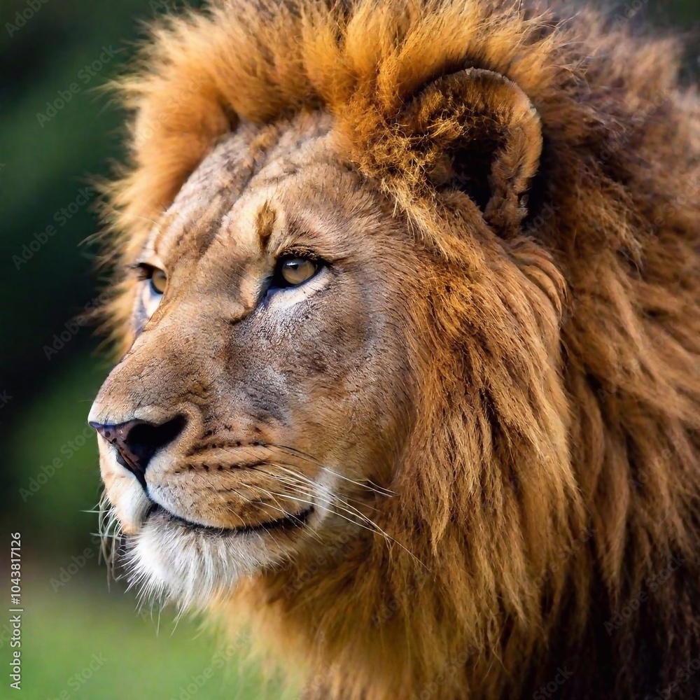 A close-up photo portrait of a lion in profile, deep focus on the curve of its nose and the texture of its whiskers, eye-level shot highlighting its elegant and fierce nature A close-up photo portrait of a lion in profile, deep focus on the curve of its nose and the texture of its whiskers, eye-level shot highlighting its elegant and fierce nature