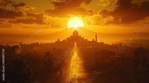 A majestic silhouette of a grand palace with a towering dome, framed by a blazing sunset and distant mountains. photo