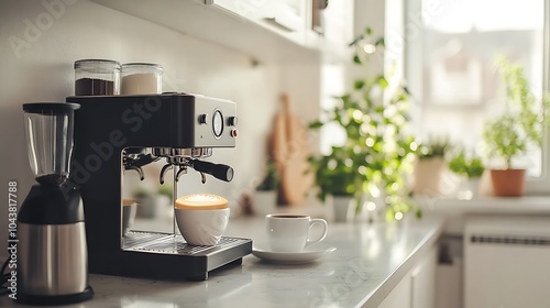 Modern Black Coffee Machine in a Stylish Kitchen with Cup - Sleek Home Appliance Closeup