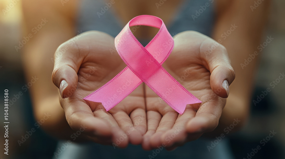 close up of hands holding pink ribbon, symbolizing support and awareness for breast cancer. image conveys message of hope and solidarity close up of hands holding pink ribbon, symbolizing support and awareness for breast cancer. image conveys message of hope and solidarity