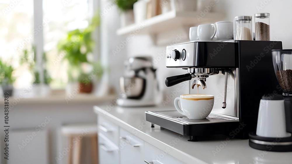 Modern Black Coffee Machine in a Stylish Kitchen with Cup - Sleek Home Appliance Closeup