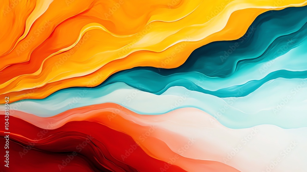 Fototapeta premium Vibrant abstract art with flowing layers of orange, blue, and red tones, creating a dynamic and colorful visual impact.