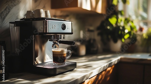 Modern Black Coffee Machine in a Stylish Kitchen with Cup - Sleek Home Appliance Closeup