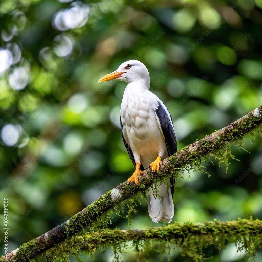 A bird perched on a branch in a dense tropical rainforest A bird perched on a branch in a dense tropical rainforest