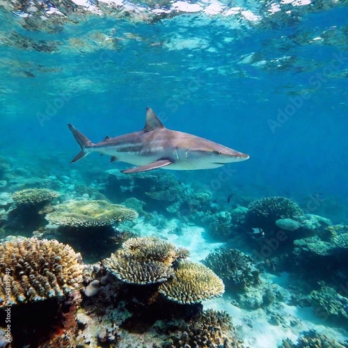 Long Shot (LS) of a hammerhead shark gliding above a coral reef, with rack focus transitioning between the shark and the reef