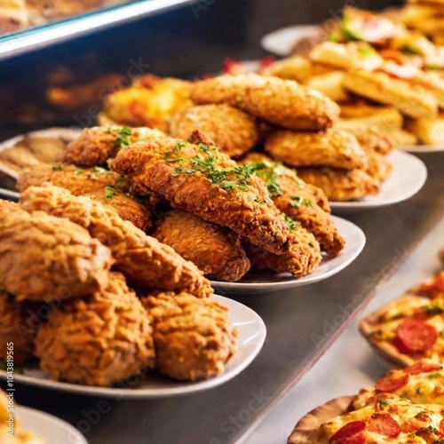 an extreme long shot of a colorful junk food buffet. Capture the extensive array of items including pizza, fried chicken, nachos, and candy, with a wide view showcasing the variety and abundance of