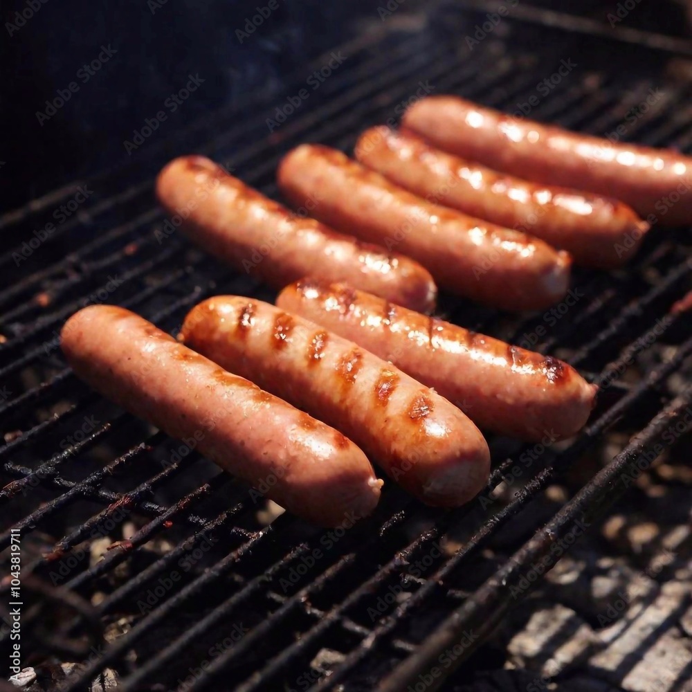 Medium Shot of Hot Dogs Grilling on a Barbecue: A hip-level photo capturing several hot dogs grilling, with deep focus on the grill marks and the slight char on the skin. Medium Shot of Hot Dogs Grilling on a Barbecue: A hip-level photo capturing several hot dogs grilling, with deep focus on the grill marks and the slight char on the skin.
