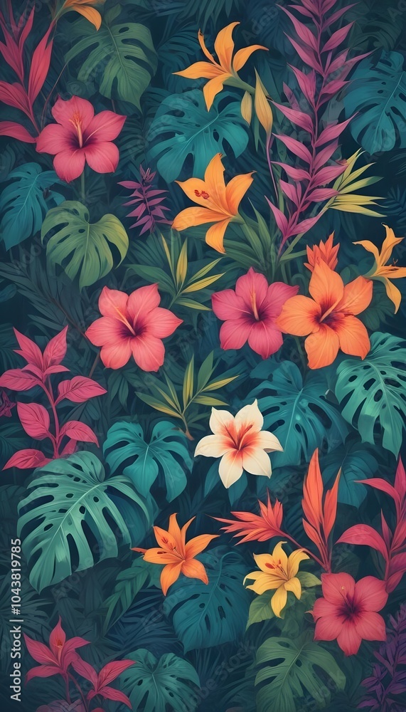 Tropical exotic pattern with animal and flowers in bright colors and lush vegetation Tropical exotic pattern with animal and flowers in bright colors and lush vegetation