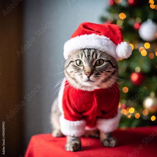 A full shot of a Christmas scene featuring a cat dressed in a Santa outfit, captured in deep focus with an 80s retro style, using a point of view shot.