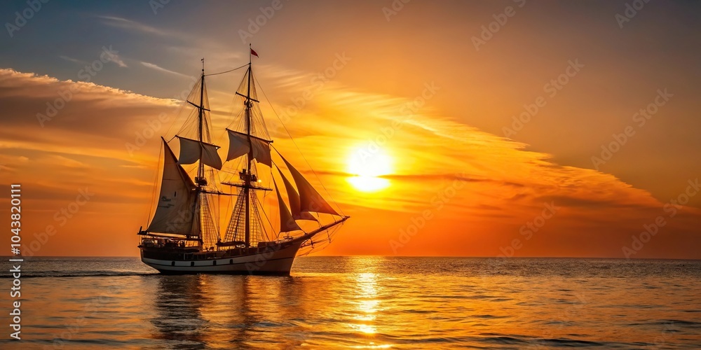 Fototapeta premium Sailing ship with lowered sails in the sunset with huge sun in the golden hour