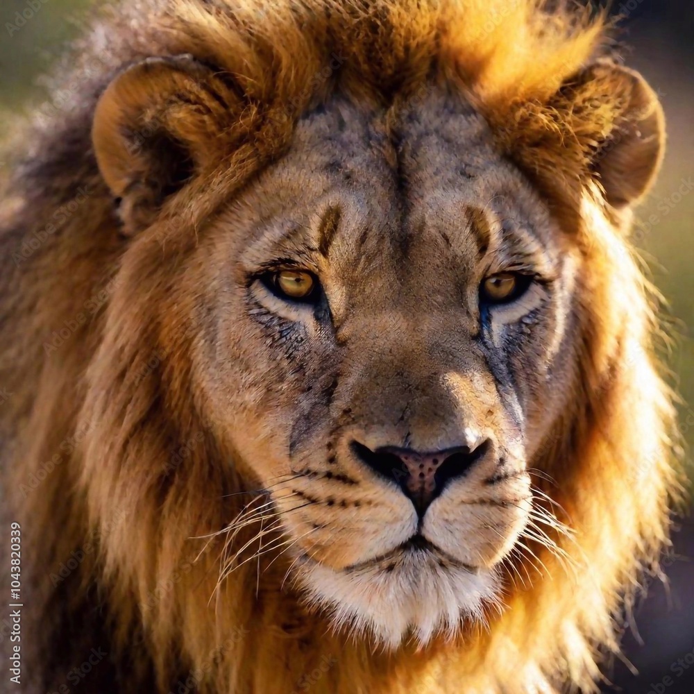 Fototapeta premium A close-up photo of a lion with sunlight catching its mane, deep focus on its calm expression and the golden light reflecting in its eyes, eye-level shot portraying a serene and majestic mood