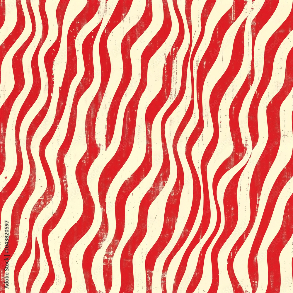 Seamless red wavy lines forming a vertical pattern on a cream-colored distressed background. Abstract design with flowing red stripes and a vintage, weathered texture Seamless red wavy lines forming a vertical pattern on a cream-colored distressed background. Abstract design with flowing red stripes and a vintage, weathered texture
