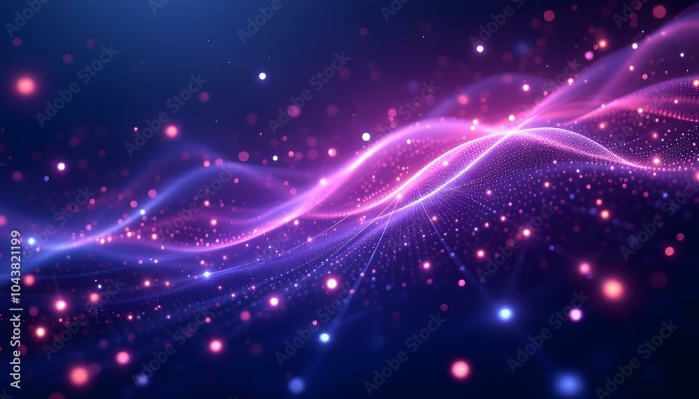 An abstract configuration of pink and purple glowing dots connected by laser-like lines across a dark violet background. Abstract purple color digital particles wave with bokeh and light background An abstract configuration of pink and purple glowing dots connected by laser-like lines across a dark violet background. Abstract purple color digital particles wave with bokeh and light background