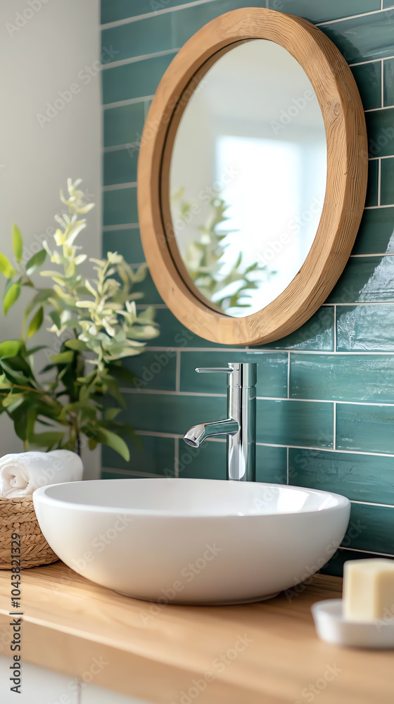 Modern bathroom design featuring a stylish sink and mirror with elegant green tiles Modern bathroom design featuring a stylish sink and mirror with elegant green tiles