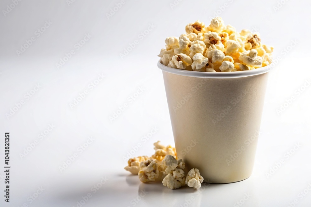 Popcorn in paper cup on white background viewed from low angle Popcorn in paper cup on white background viewed from low angle