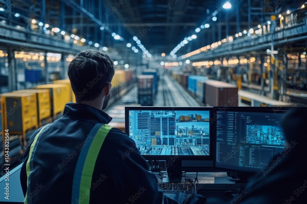 A worker monitors operations in a modern warehouse. Advanced systems improve logistics and efficiency. Technology and teamwork are key. Generative AI