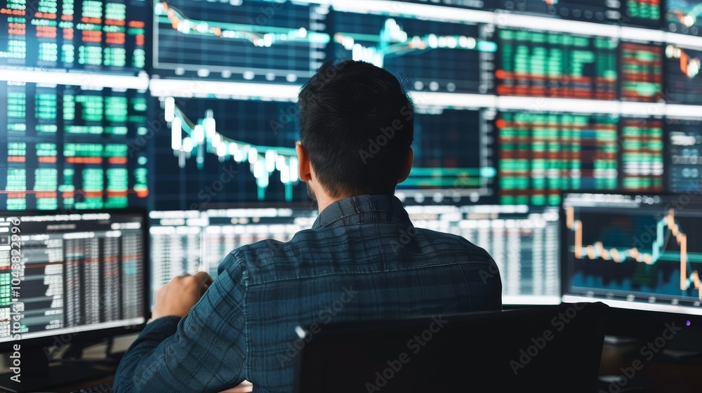 Anxiety of a stock trader as they face a monitor displaying a significant market crash event Anxiety of a stock trader as they face a monitor displaying a significant market crash event