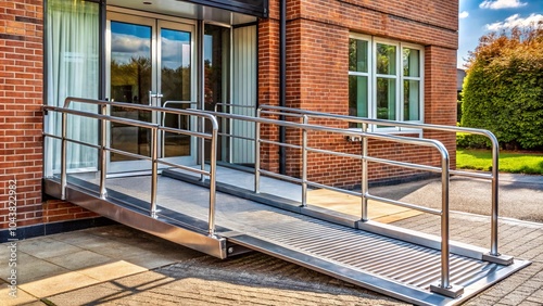Portable foldable wheelchair ramp in front of building in UK