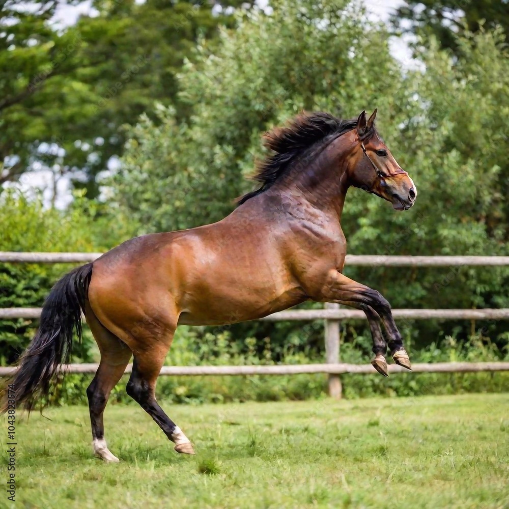 Fototapeta premium A full shot photo of a horse jumping over a wooden fence, soft focus creating a blurred background of grass and wildflowers, high angle shot showing the full body of the horse mid-jump, its muscles