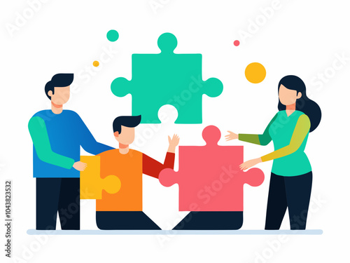 Problem-solving and teamwork in business represented by professionals assembling puzzle pieces, symbolizing collaboration and successful business solutions in corporate environments.