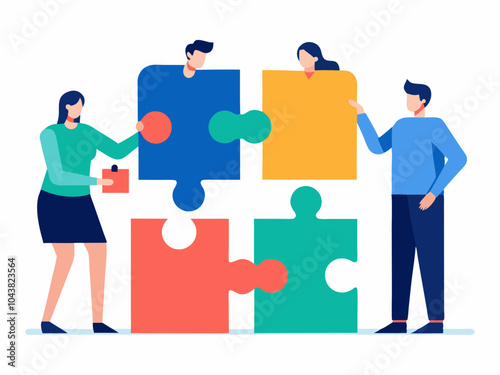 Corporate collaboration and business problem-solving concept featuring teamwork, puzzle pieces, and professional effort to achieve success in a business environment.