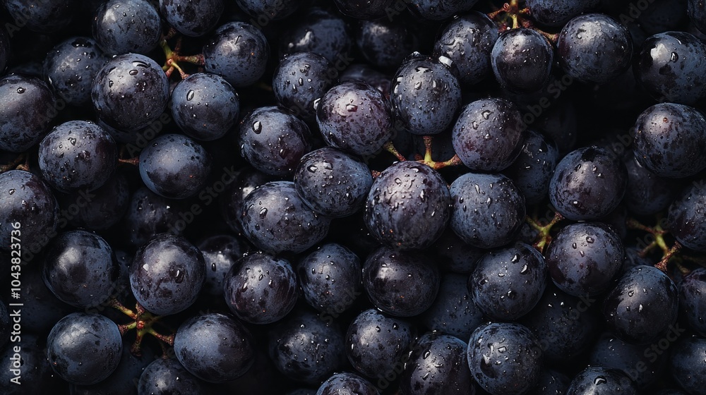 A bunch of grapes are wet and shiny A bunch of grapes are wet and shiny