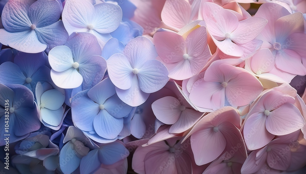 Soft Gradient of Pastel Hydrangea Petals in Blue and Pink Hues, Evoking Tranquility and Delicacy. Ideal for Botanical Projects, Floral Designs, and Calm, Peaceful Aesthetic Themes Soft Gradient of Pastel Hydrangea Petals in Blue and Pink Hues, Evoking Tranquility and Delicacy. Ideal for Botanical Projects, Floral Designs, and Calm, Peaceful Aesthetic Themes