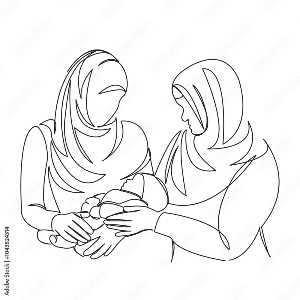 Φωτογραφία One continuous single drawing line art doodle parent, people, mother, newborn, muslim, islam, baby, family, woman, motherhood