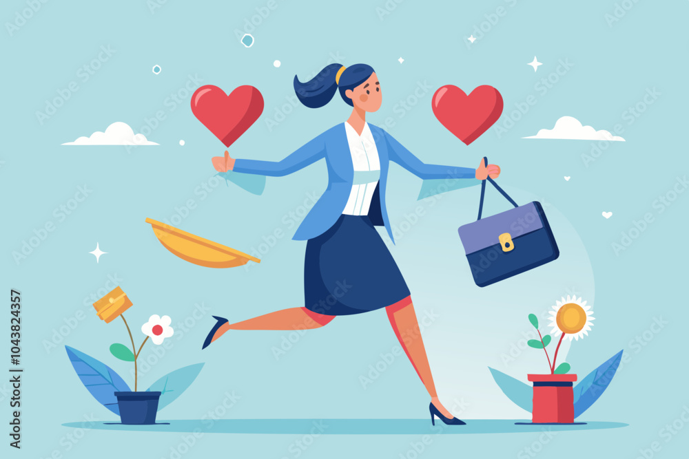 Excited businesswoman jumping with joy, holding bags and celebrating business achievements, representing success and work-life balance in corporate life. Excited businesswoman jumping with joy, holding bags and celebrating business achievements, representing success and work-life balance in corporate life.