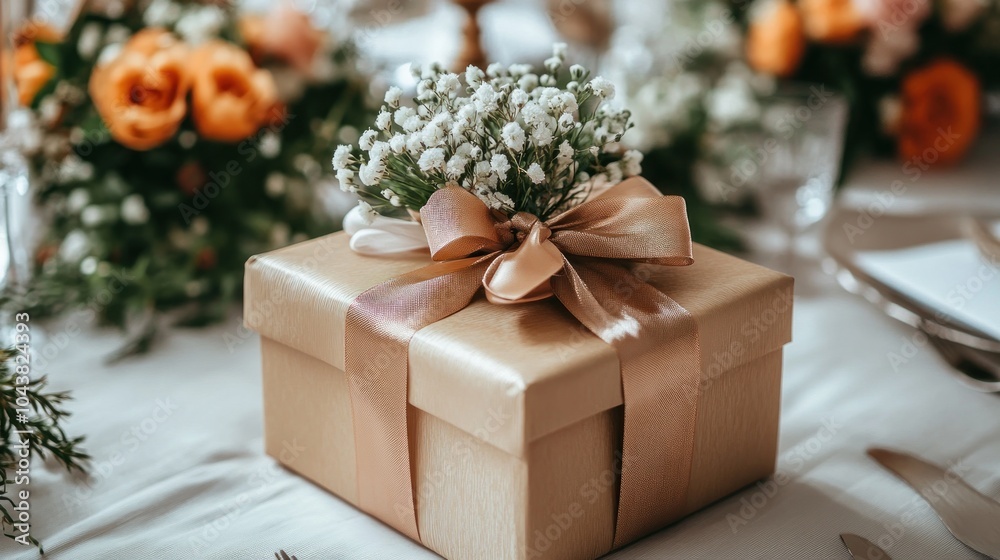 Gift box adorned with flowers at a festive table setting. Gift box adorned with flowers at a festive table setting.