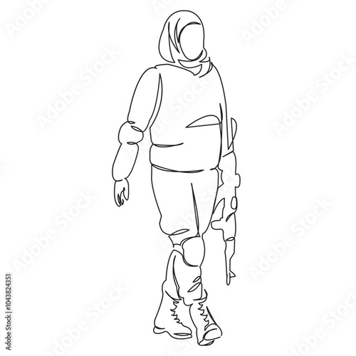 One continuous single drawing line art doodle muslim, warrior, woman, fighter, people, arabic, sword, soldier, weapon. Isolated flat illustration hand draw contour on a white background
