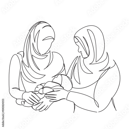 One continuous single drawing line art doodle parent, people, mother, newborn, muslim, islam, baby, family, woman, motherhood. Isolated flat illustration hand draw contour on a white background
