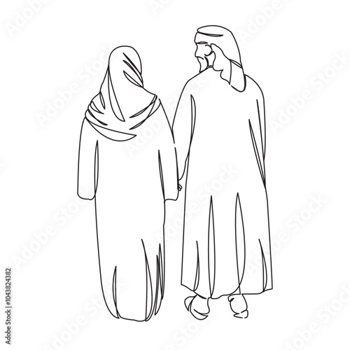 One continuous single drawing line art doodle couple, muslim, love, married, groom, islam, romantic. Isolated flat illustration hand draw contour on a white background
