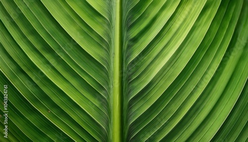  Close-Up of a Lush Tropical Leaf's Intricate Vein Structure Showcasing Symmetrical Patterns and Vivid Green Textures. Ideal for Botanical Studies, Organic Design, and Eco Inspired Visual Projects. photo