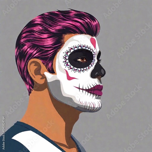 vector art, close-up profile photo of a young Latino man with sugar skull face paint, taken at eye level with shallow focus, highlighting the contrast between his skin tone and the vibrant paint photo