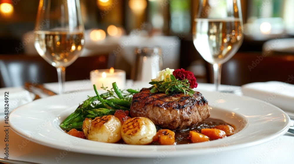 Gourmet steak dinner with vegetables and wine. Gourmet steak dinner with vegetables and wine.
