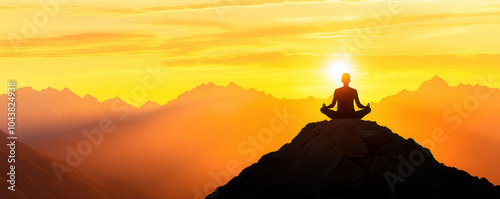 A serene image of a person practicing mindful breathing exercises on a mountaintop during sunrise