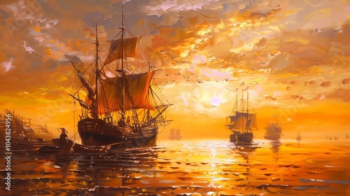 Ships, fisherman, sea landscape. Oil paintings, canvas, art.