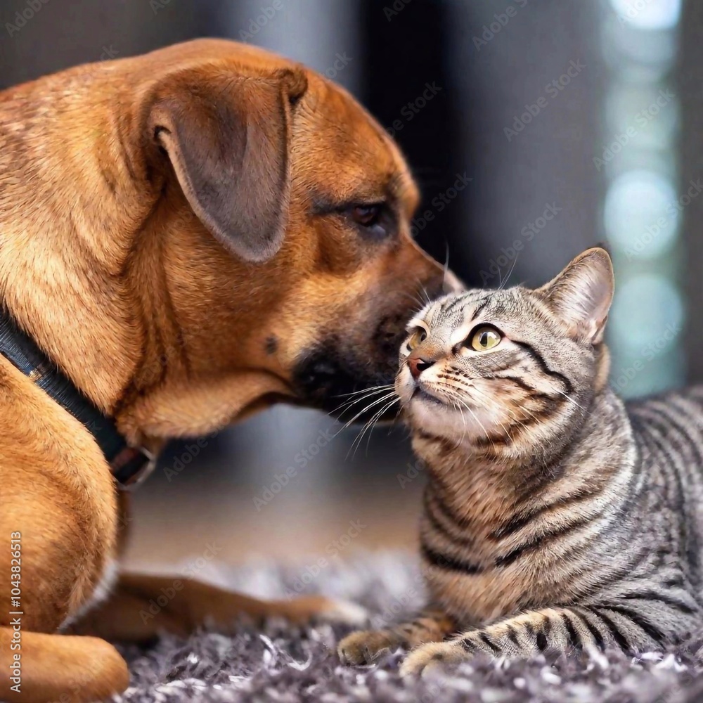 Fototapeta premium A close-up photo of a dog and cat interacting playfully, deep focus, eye-level shot emphasizing their features and expressions, creating a charming and detailed portrait