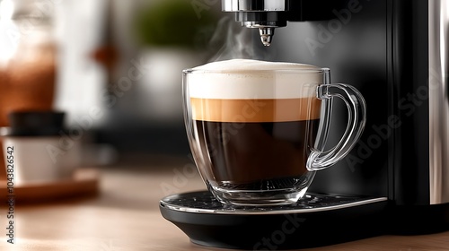 Modern Black Coffee Machine in a Stylish Kitchen with Cup - Sleek Home Appliance Closeup