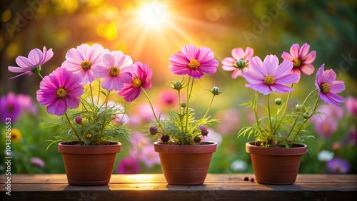 Potted Cosmos Flowers Glowing in the Morning Light Symmetrical