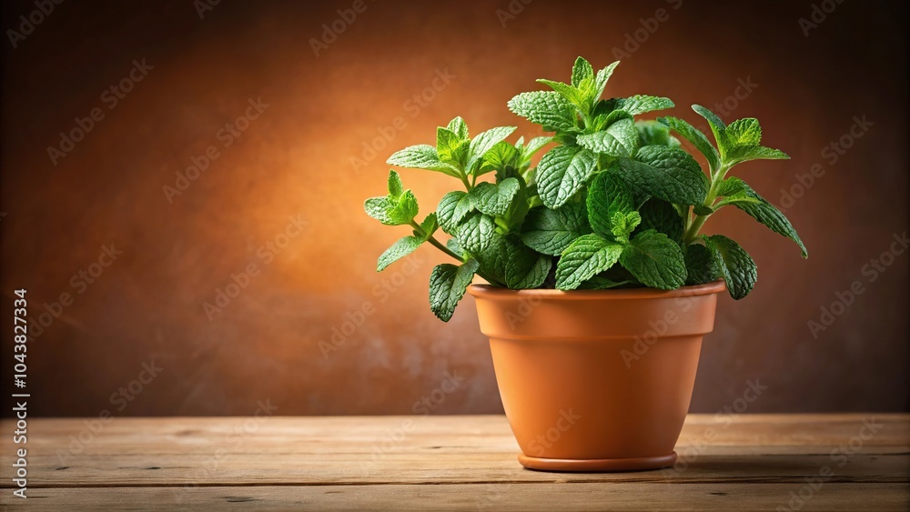 Potted spearmint plant against warm background Potted spearmint plant against warm background
