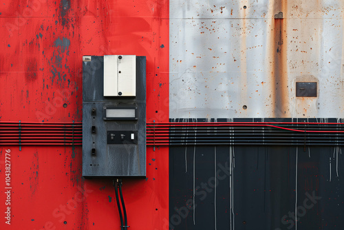 urban desolation, electrical panel on a red wall with wires, rusted metal, simple, minimalstic, photorealistic photo